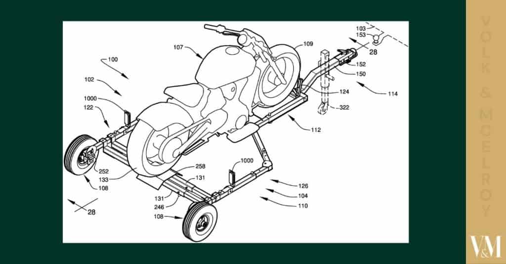 High-tech line drawing of motorcycle on custom cart, technical schematic of vehicle assembly.