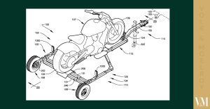 High-tech line drawing of motorcycle on custom cart, technical schematic of vehicle assembly.