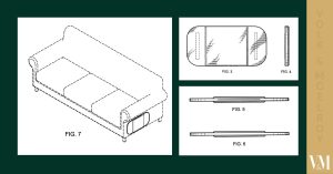 Sofa design patent illustration with detailed views and technical drawings.